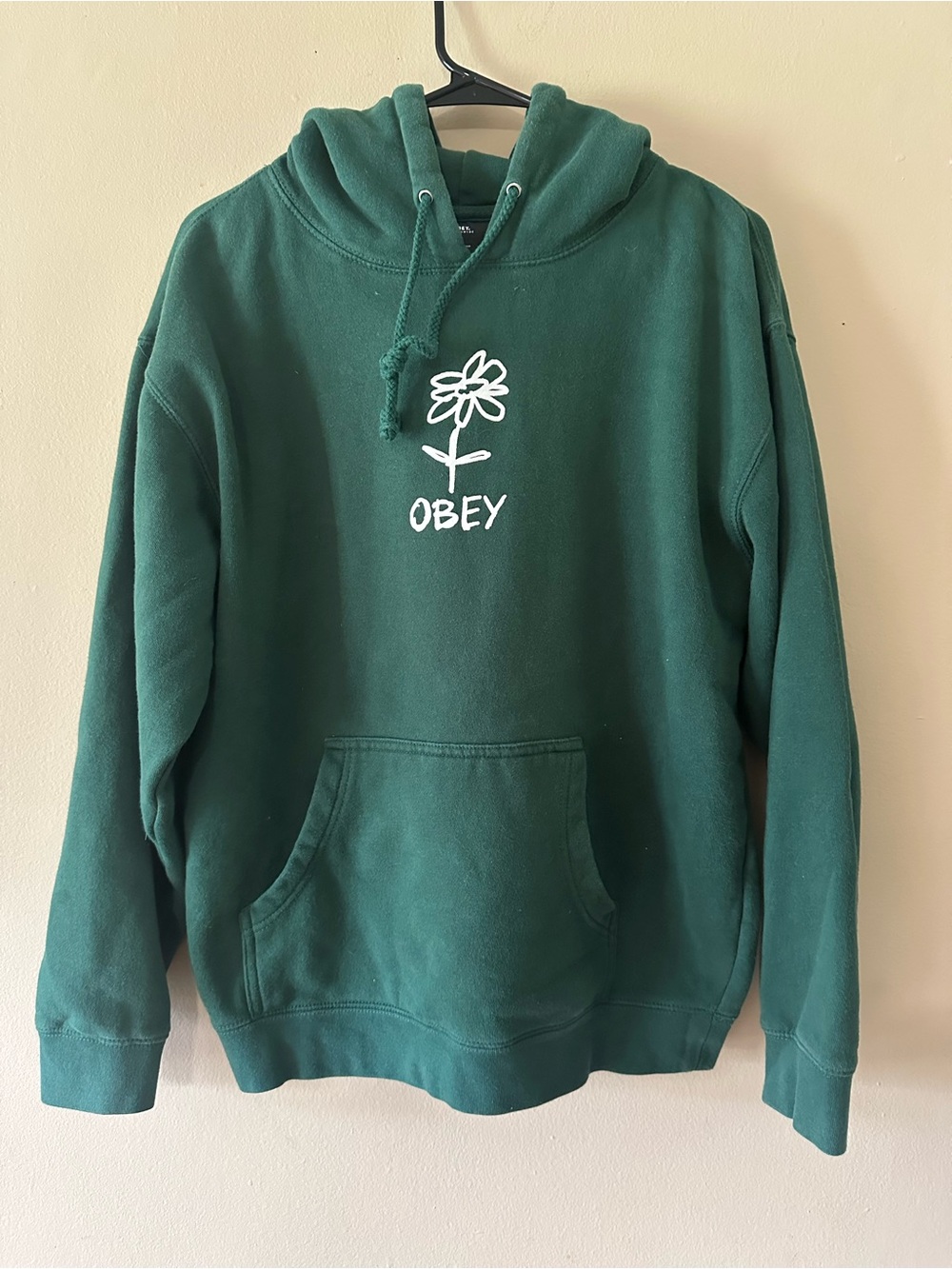 Obey Green Pullover Hoodie with White Floral Logo, Sz M